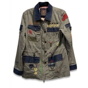 Double D Ranch Military Field Jacket Olive Green Denim Patchwork Dragon Med